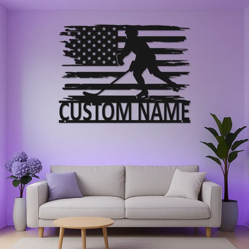 Personalized Hockey Player Metal Sign | Custom Name LED Wall Art with USA Flag | Game Room Decor for Sports Fan
