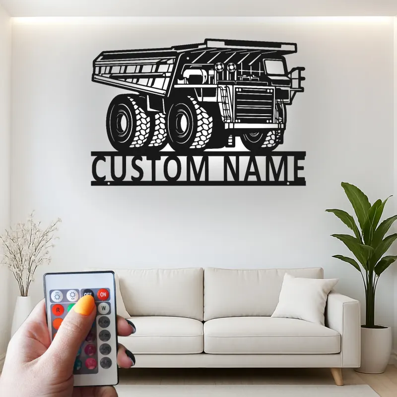 Insegna in metallo LED personalizzata a tema camion ribaltabile per appassionati di costruzione, regalo per garage o ufficio