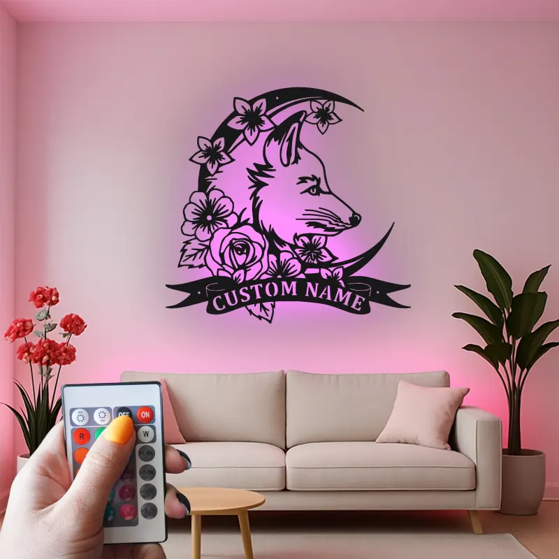 Personalized Fox LED Sign | Custom Metal Wall Art with Floral Moon | Boho Wildlife Decor for Nursery or Office | Hand-Crafted Gift