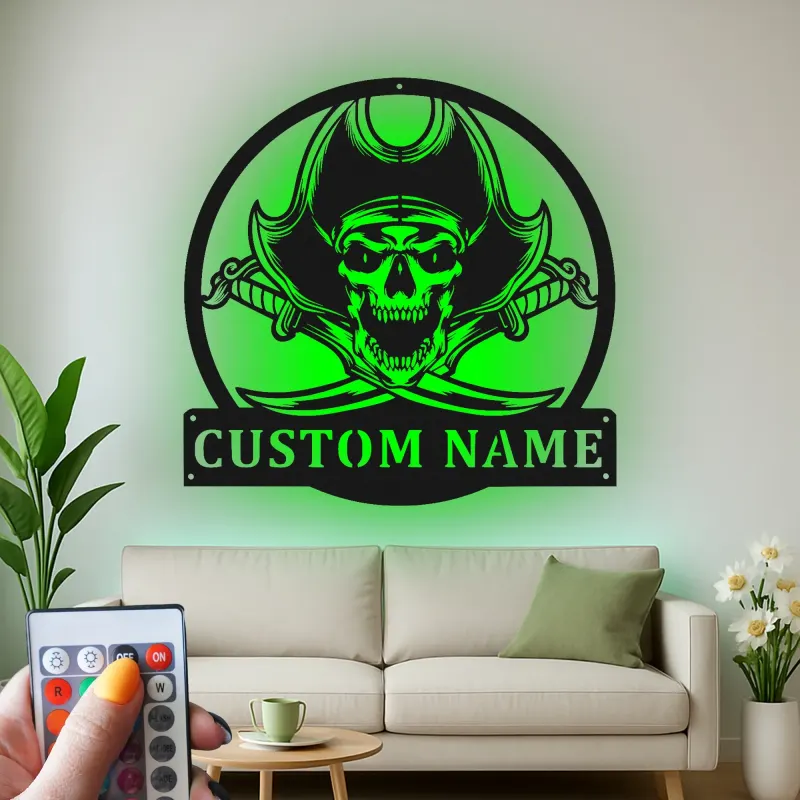 Panneau LED Crâne de Pirate | Art Mural Métallique Personnalisé | Décor Squelette Nautique Personnalisé pour Salle de Jeu & Bar