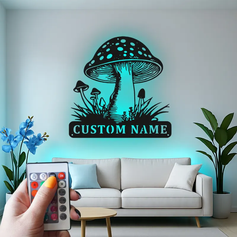 Personalisierte Pilz-Metallschild | LED Fungi Wandkunst | Vintage Wald Dekor für Naturliebhaber | Geschenk für Büro & Zuhause