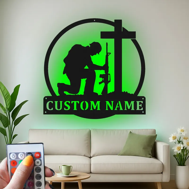 Kneeling Soldier Memorial Sign | Personalized LED Metal Wall Art | Custom Military Tribute Gift for Veterans