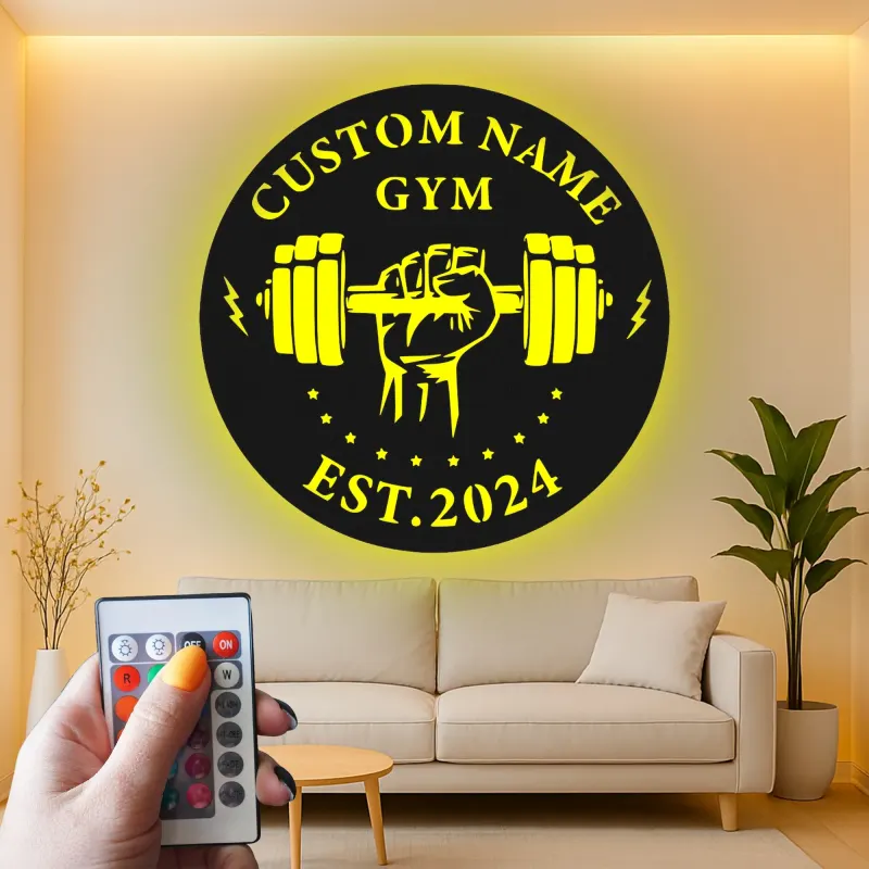 Insegna palestra personalizzata con luce LED | Decorazione murale in metallo personalizzata per home gym | Logo weightlifting per appassionati di fitness
