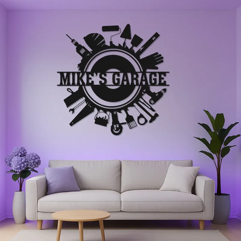 Enseigne LED personnalisée pour garage | Décoration murale en métal personnalisée avec outils | Déco atelier et man cave | Cadeau pour bricoleur