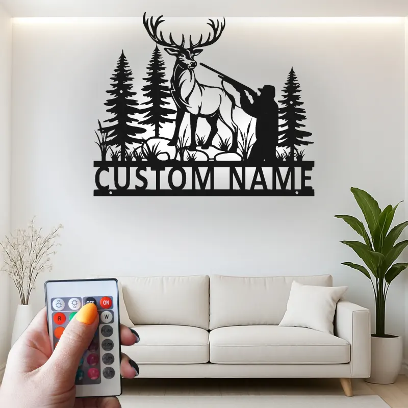 Custom Hunter and Deer Led Light Metal Wall Art Personalized Gift for Outdoorsmen Cabin or Man Cave Decor