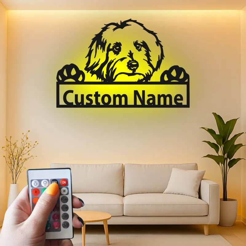Cartel de metal personalizado con silueta de perro y luz LED, regalo para amantes de mascotas, decoración para salón