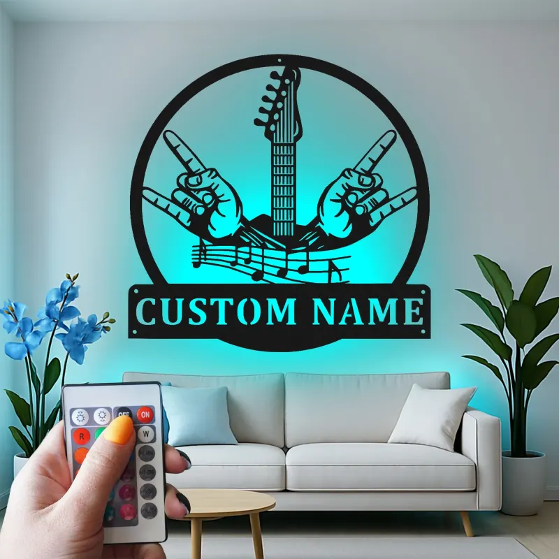 Personalized Guitar LED Sign | Custom Metal Wall Art for Studio | Musician Name Plaque | Rock Music Decor Gift for Guitarist