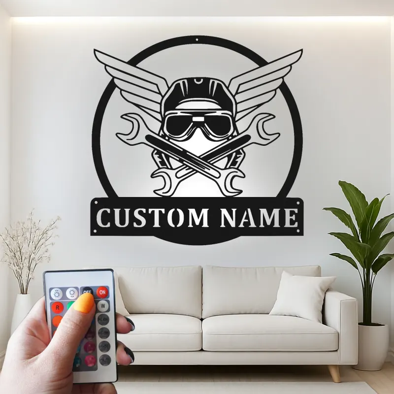 Cartel de metal personalizado de alas mecánicas con luz LED regalo para entusiastas de coches decoración de garaje