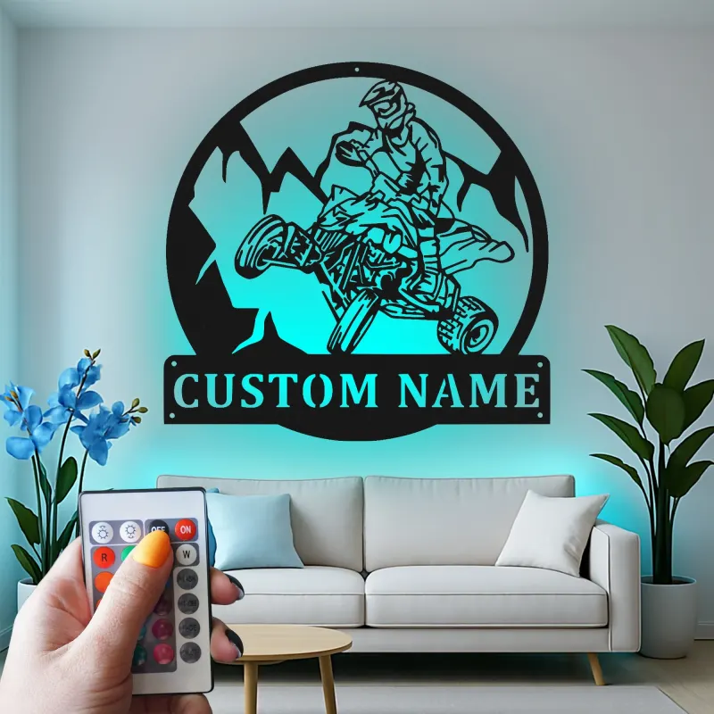 Décoration murale en métal personnalisée pour conducteur d'ATV avec rétroéclairage LED - Cadeau d'aventure pour les passionnés de tout-terrain, décoration de garage ou de man cave
