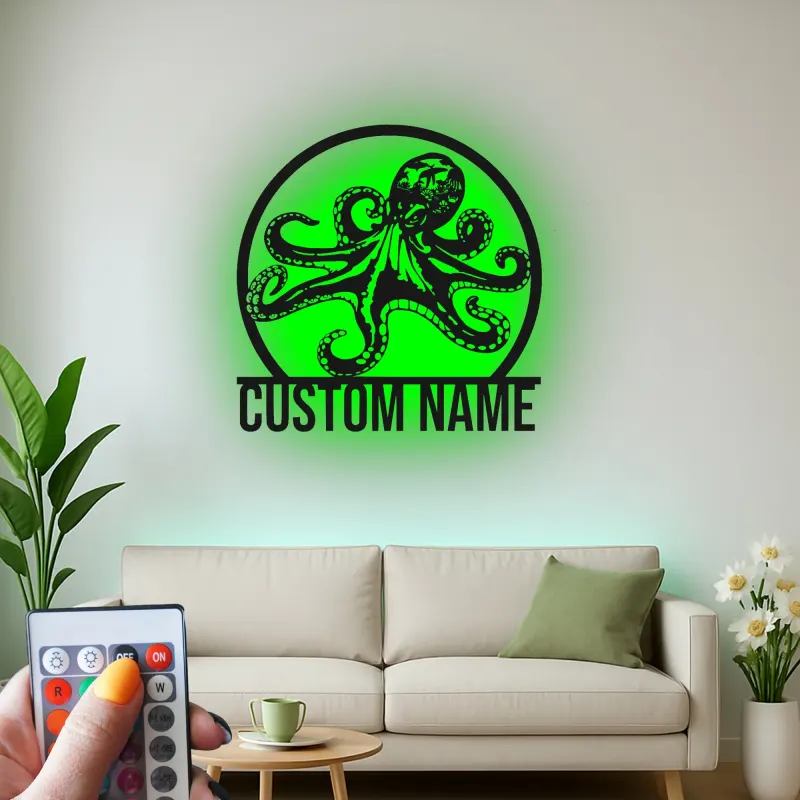 Décoration murale LED en métal pieuvre personnalisée | Plaque avec nom sur mesure | Déco nautique pour bureau et maison côtière | Cadeau pour amoureux de l’océan