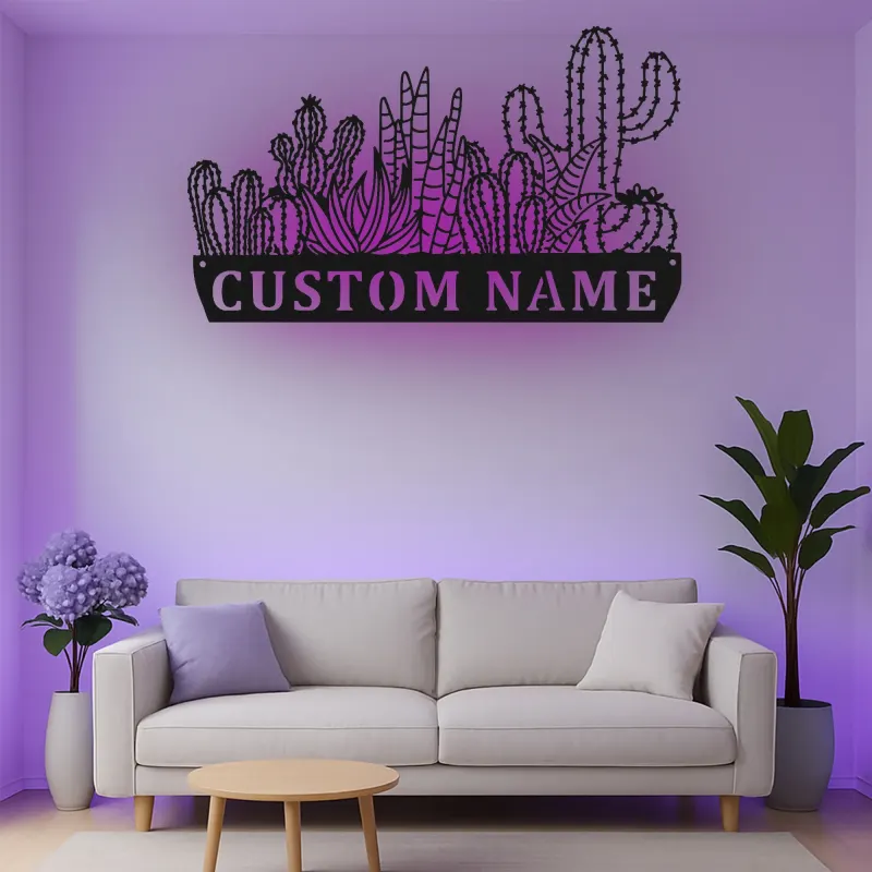 Insegna in metallo personalizzata con cactus succulento e luce LED, regalo per amanti delle piante, decorazione per soggiorno in stile deserto