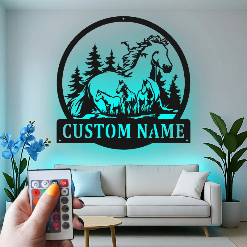 Letrero familiar de caballos personalizado | Decoración mural LED de metal | Decoración ecuestre a medida para casa de campo | Regalo para amantes de los caballos