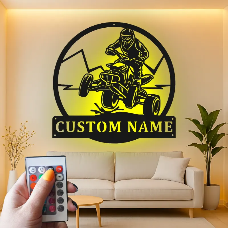 Custom ATV Rider Led Light Metal Wall Art Off-Road Enthusiast Gift Garage or Man Cave Decor