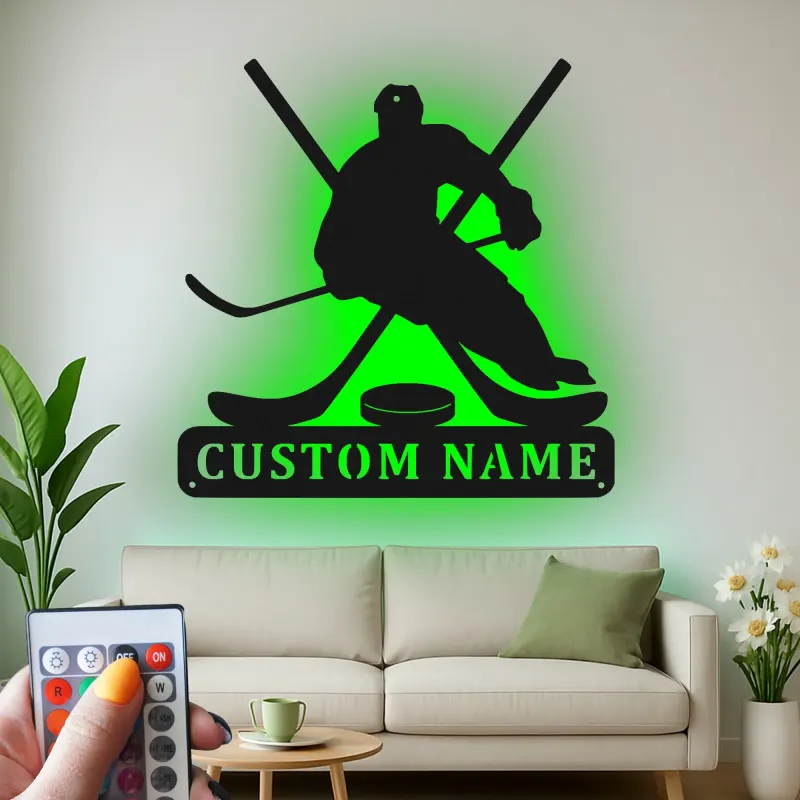 Custom Hockey Player Metal Sign | LED Light Wall Art | Personalized Game Room Decor | Hockey Fan Gift