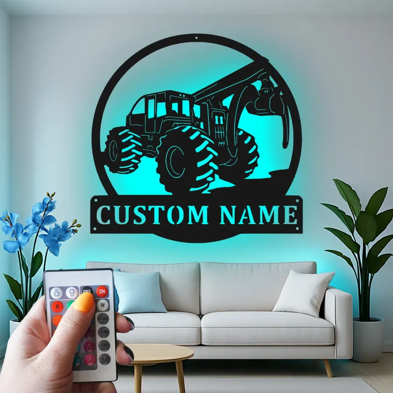 Cartel de metal personalizado para skidder | Arte mural de metal LED para cabaña | Regalo personalizado para leñadores y decoración forestal