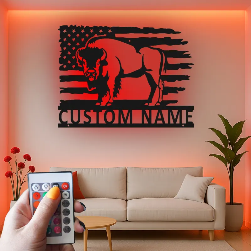 Décoration murale en métal LED personnalisée avec un bison et le drapeau américain - Cadeau patriotique pour lui, décoration rustique pour un homme