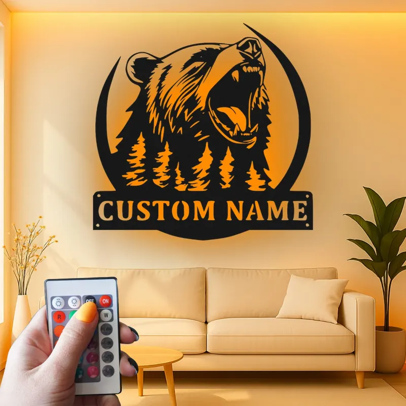 Décoration murale en métal personnalisée avec éclairage LED Forêt d'Ours Cadeau pour Amateurs de Nature Décor de Cabane ou Lodge