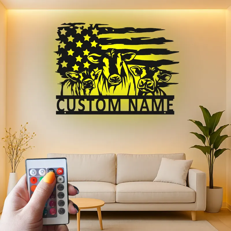Insegna in metallo LED personalizzata con trio di mucche e bandiera americana