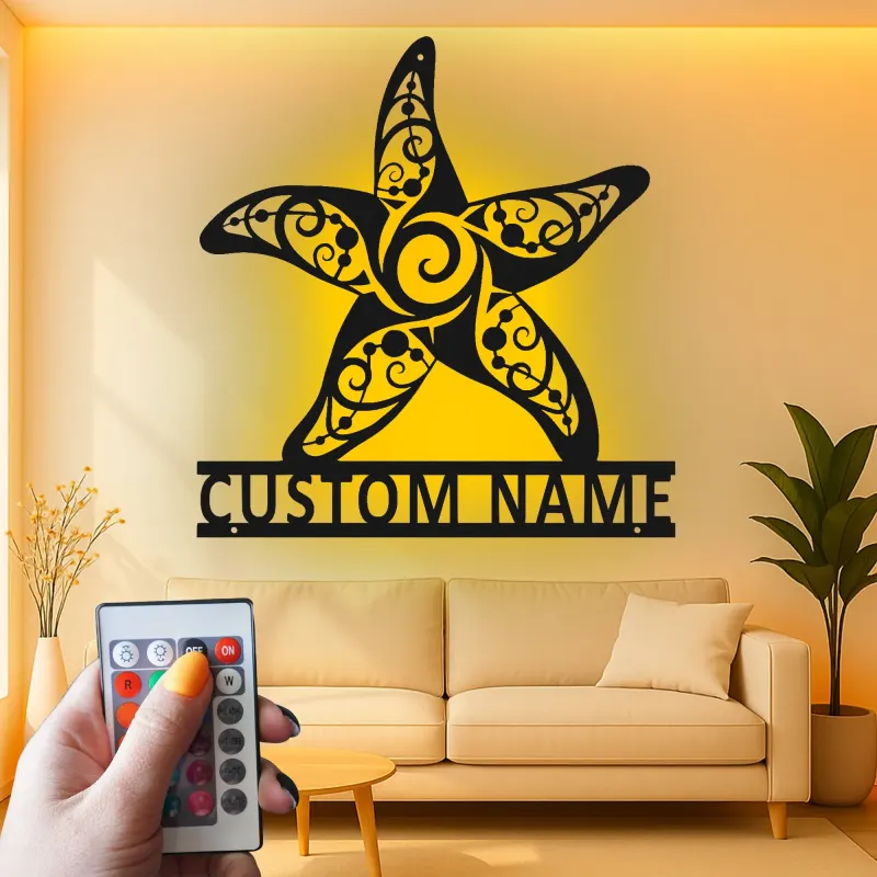 Art mural en métal étoile de mer avec rétroéclairage LED | Panneau de nom personnalisé pour décor côtier | Cadeau de maison de plage nautique sur mesure et signalétique d'entreprise