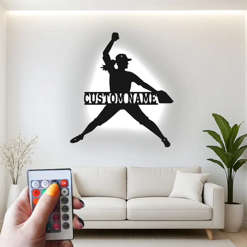 Cartel de metal personalizado de lanzadora de softball | Luz LED de nombre para habitación de chicas | Regalo personalizado para atleta | Arte mural deportivo femenino