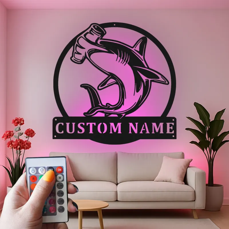 Cartel personalizado de tiburón martillo | Arte mural LED de metal personalizado | Decoración de depredador oceánico para cueva del hombre u oficina | Regalo para pescador