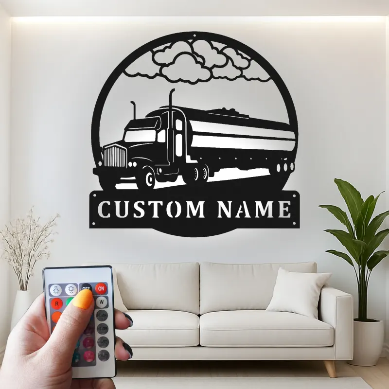 Personalized Trucker LED Sign | Custom Semi Truck Metal Wall Art | Big Rig Silhouette for Man Cave | Gift for Driver