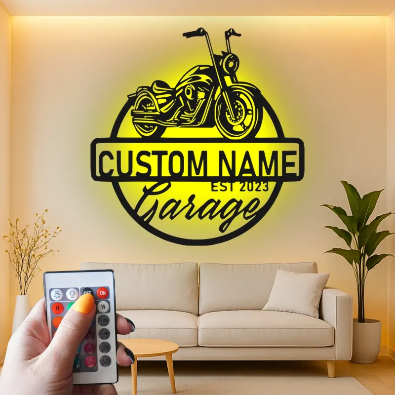 Panneau LED Moto Personnalisé | Décor Garage Biker Personnalisé | Art Mural Métallique pour Man Cave | Cadeau pour Lui