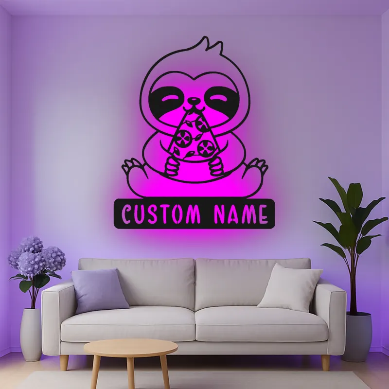 Décoration murale en métal personnalisée avec paresseux mangeant de la pizza et rétroéclairage LED - Cadeau amusant pour les amateurs de pizza