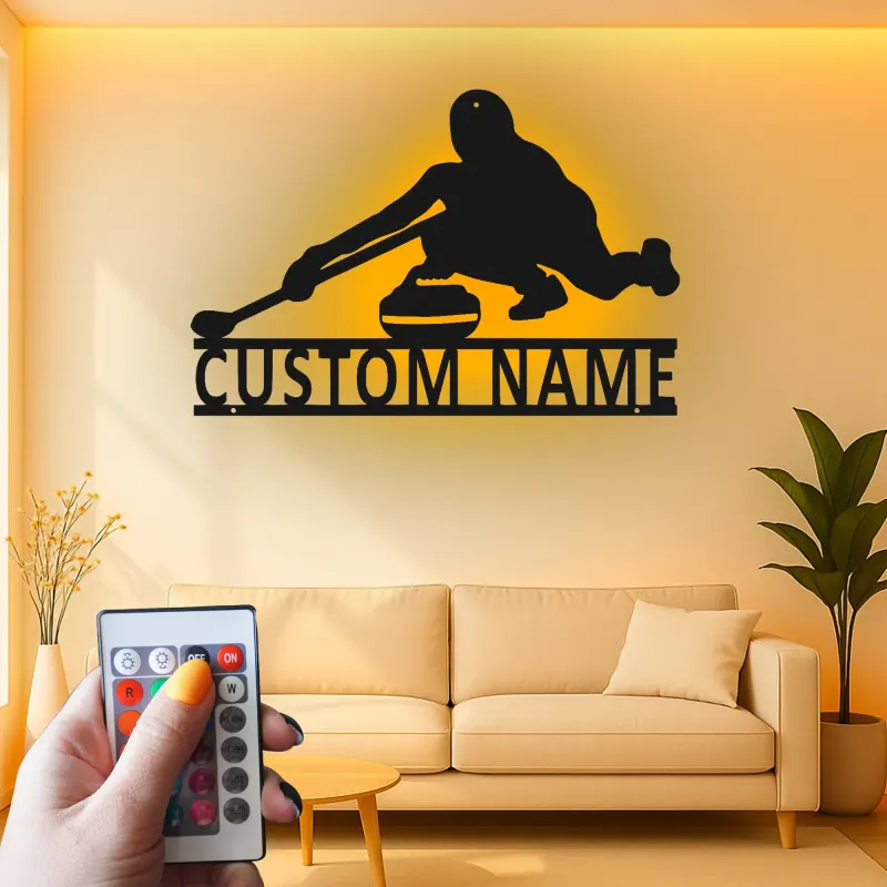 Insegna in metallo personalizzata con luce LED a tema giocatore di curling regalo per appassionati di curling decorazione per sala giochi
