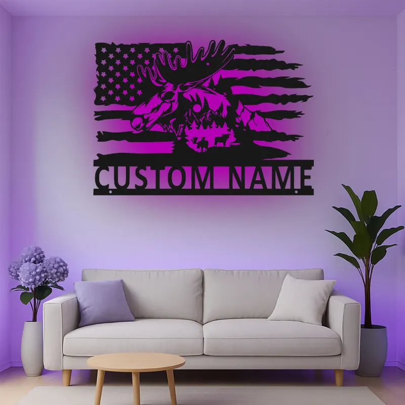 Custom Moose and American Flag Led Light Metal Wall Art Unique Gift for Nature Lovers Cabin Wall Decor