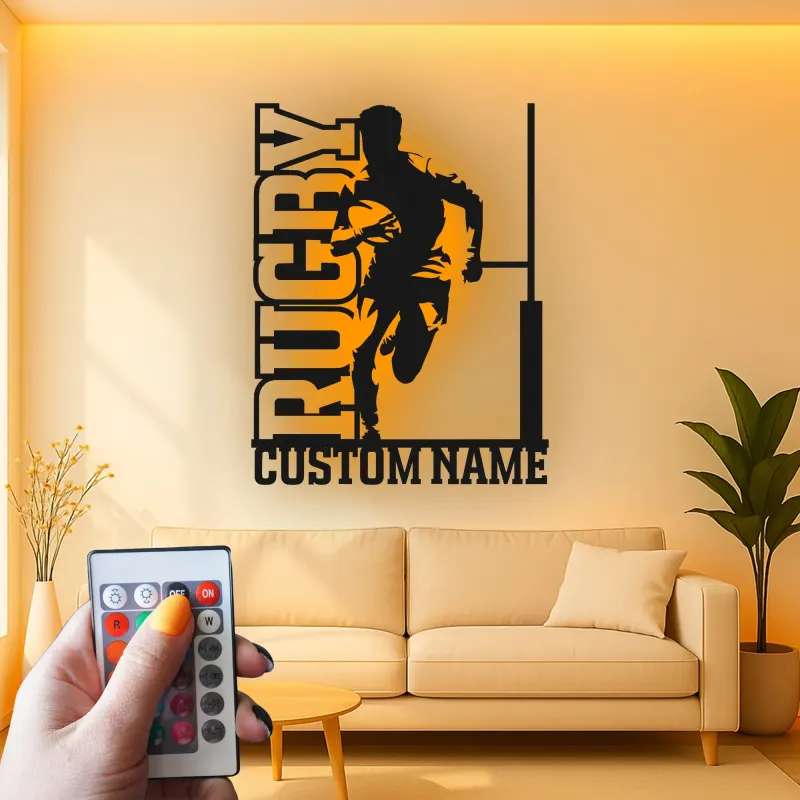Custom Rugby Player LED Metal Sign | Personalized Athlete Name Light | Sports Game Room Decor | Gift for Coach or Rugby Fan