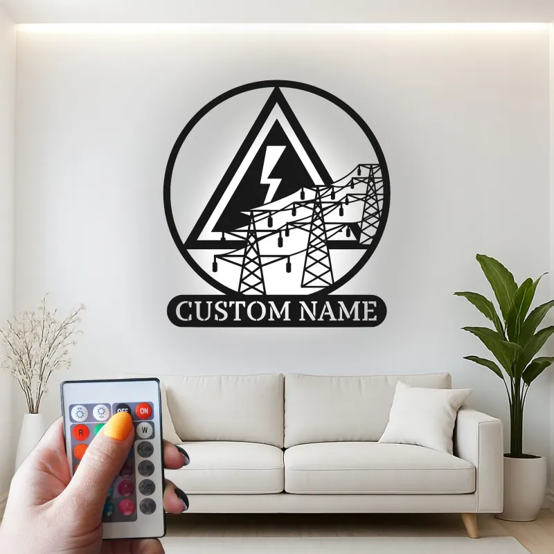 Art mural en métal LED d'électricien | Enseigne personnalisée de lineman avec lignes électriques | Décor industriel personnalisé pour bureau et garage