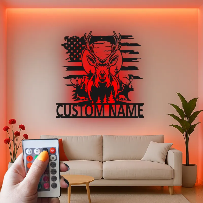 Insegna in metallo LED personalizzata con cervo e bandiera americana - Regalo personalizzato per cacciatori, decorazione rustica per cabin