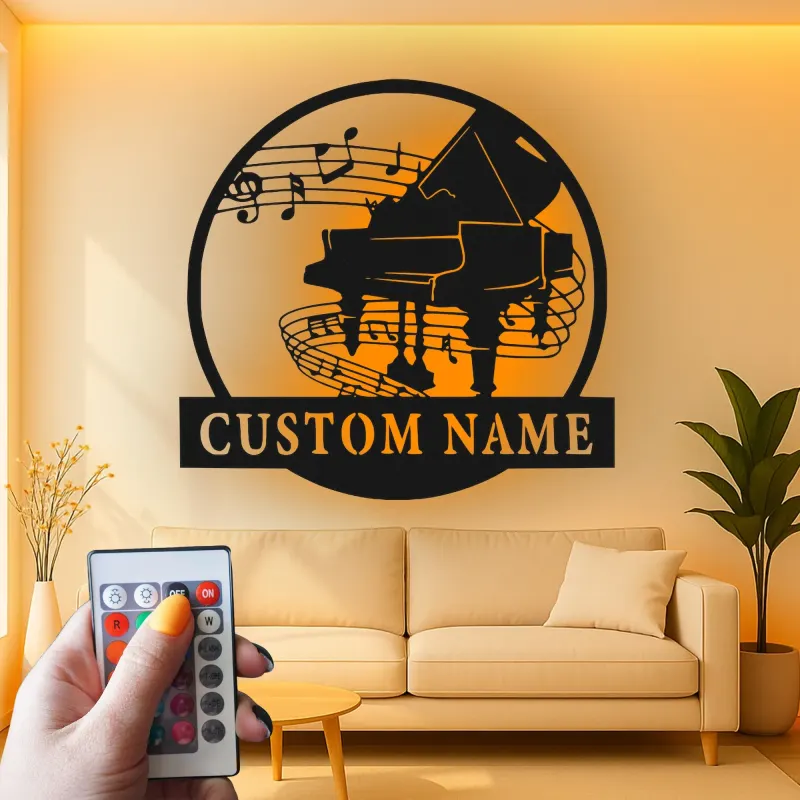 Panneau piano personnalisé avec LED | Décoration murale en métal sur mesure pour salle de musique | Silhouette de piano à queue | Cadeau pour pianiste