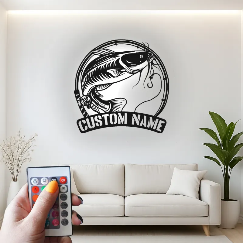 Custom Catfish Led Light Metal Wall Art Personalized Fishing Gift for Anglers Man Cave or Cabin Decor