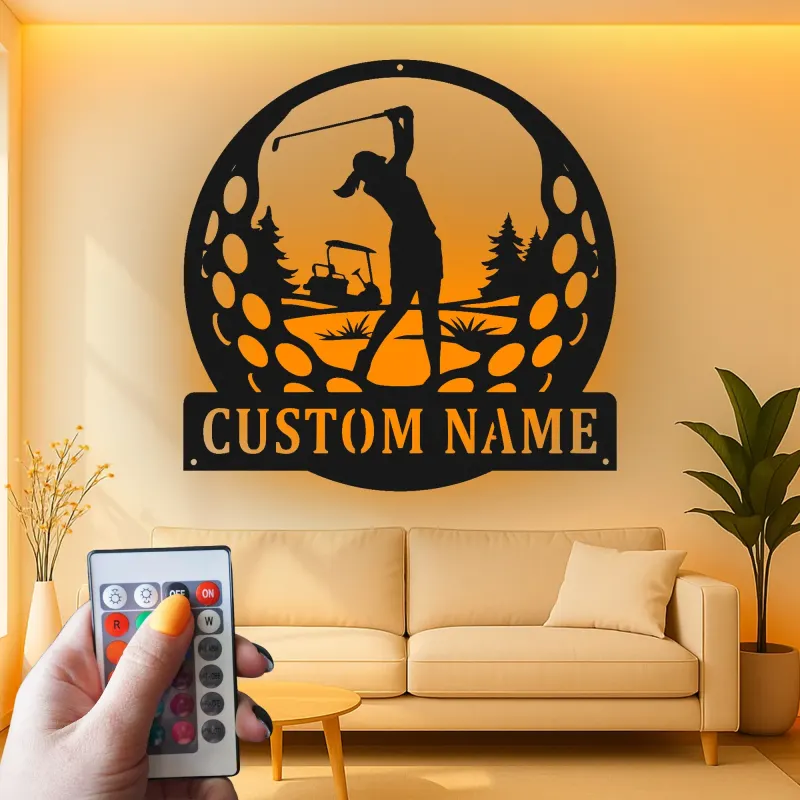 Insegna LED da golf personalizzata | Decorazione murale in metallo su misura per golfisti | Targa con nome per ufficio, home bar e sala sportiva