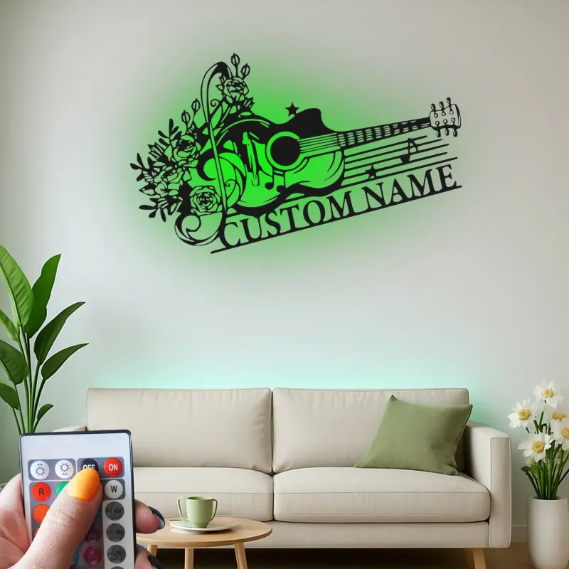 Personalized Guitar LED Sign | Custom Metal Wall Art for Music Room | Floral Musician Gift | Boho Home Decor