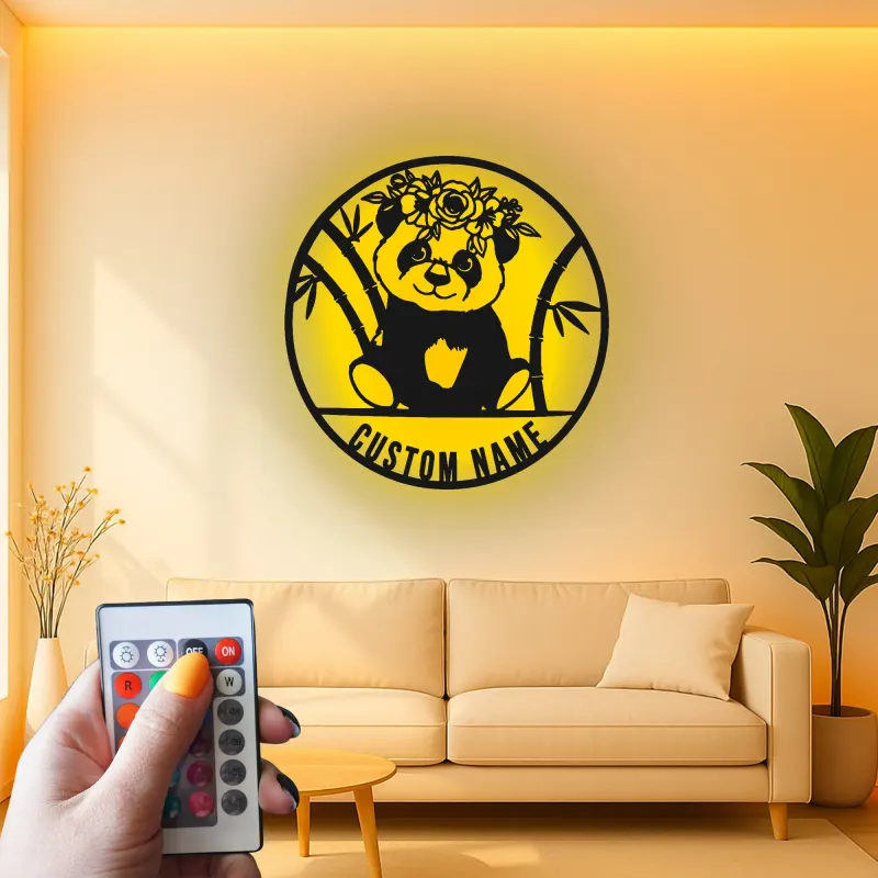 Insegna in metallo personalizzata con panda e luce LED - Regalo personalizzato per nursery, decorazione carina per la camera dei bambini