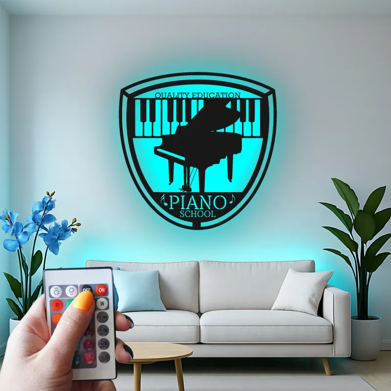 Insegna LED in metallo con pianoforte a coda | Logo personalizzato per scuola di musica | Arte da parete vintage per arredo studio
