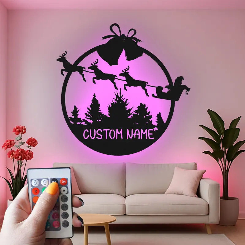 Cartel de metal LED personalizado de trineo de Santa regalo de Navidad para familias decoración festiva de sala de estar