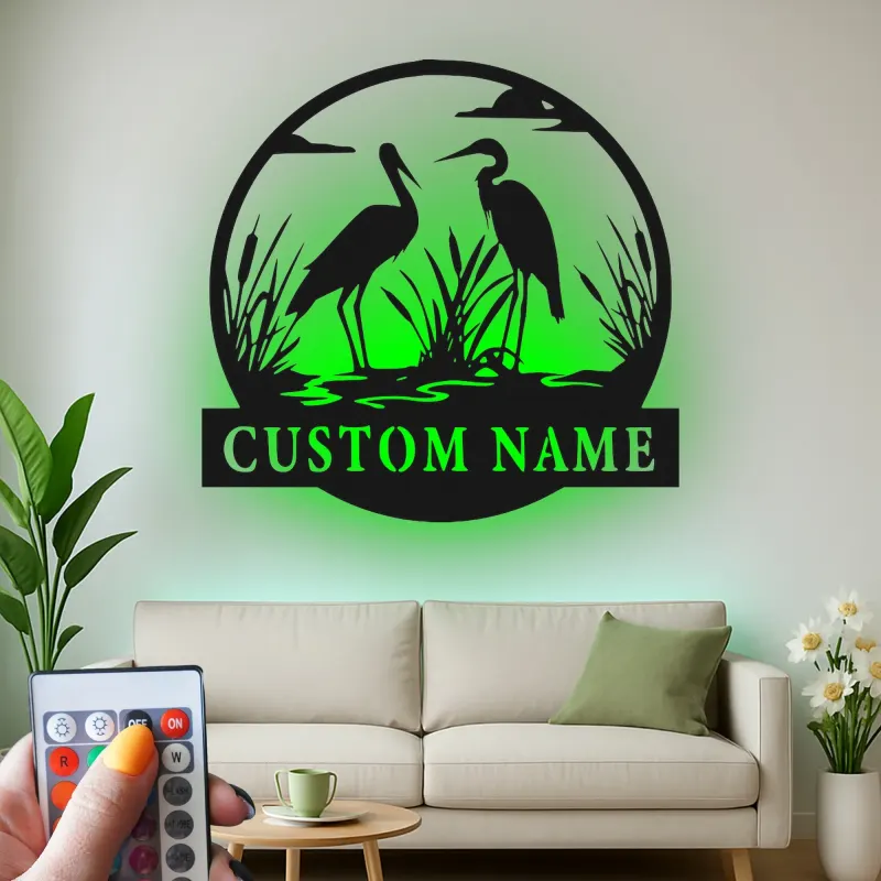 Personalized Heron Metal Wall Art | LED Backlit Wildlife Sign | Custom Lake House & Cabin Decor | Nature Lover Gift
