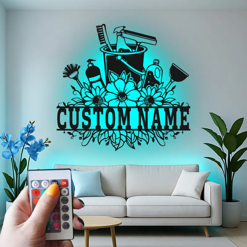 Custom Cleaning Supplies Led Light Metal Wall Art Housewarming Gift for Cleaners Laundry Room Decor