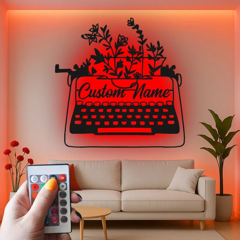 Décoration murale en métal personnalisée avec LED en forme de machine à écrire et fleurs - Cadeau pour écrivain