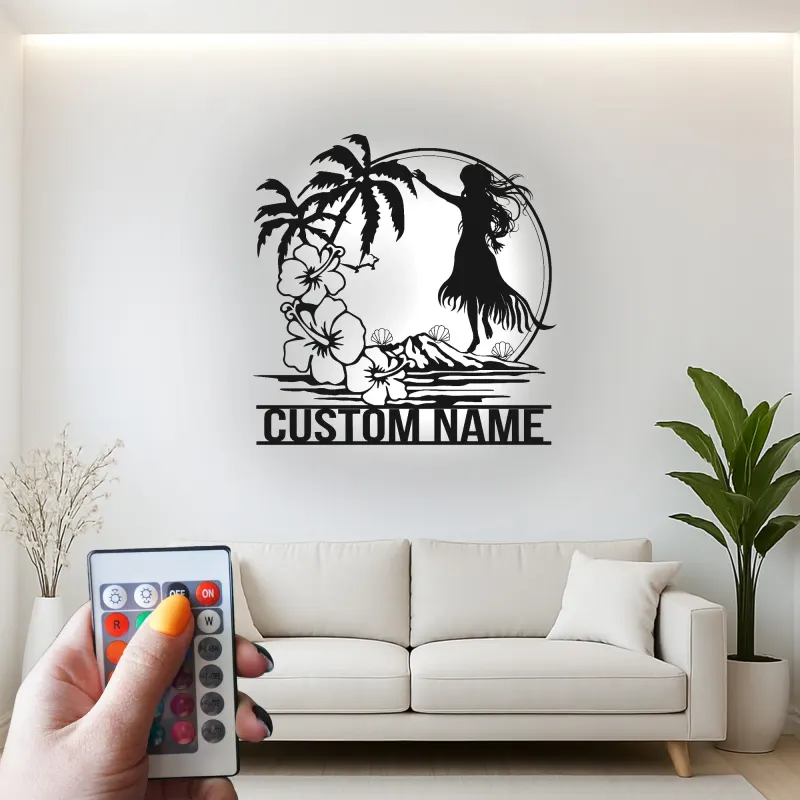 Insegna in metallo personalizzata con ballerina hula hawaiana e luce LED, regalo decorativo per interni tropicali