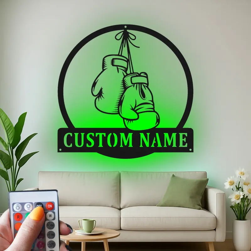 Personalisierte LED-beleuchtete Metall-Wandkunst mit Boxhandschuhen – Geschenk für Boxer, Fitnessstudio oder Wohnkultur