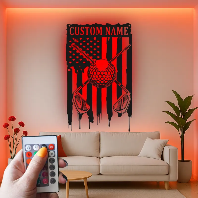 Enseigne de golf personnalisée pour man cave | Décoration murale en métal sur mesure avec LED | Cadeau patriote pour golfeur