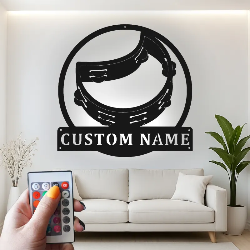 Personalized Tambourine Sign | LED Metal Wall Art for Music Room | Custom Musician Nameplate | Percussionist Gift