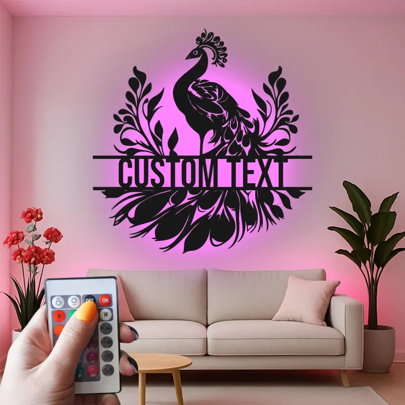 Cartel de metal personalizado con luz LED de pavo real, regalo para decoración del hogar, acento elegante para el salón
