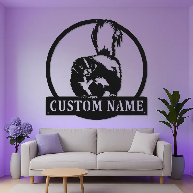 Custom Skunk Metal Wall Art | Personalized LED Name Sign for Cabin & Lodge | Realistic Wildlife Silhouette Decor