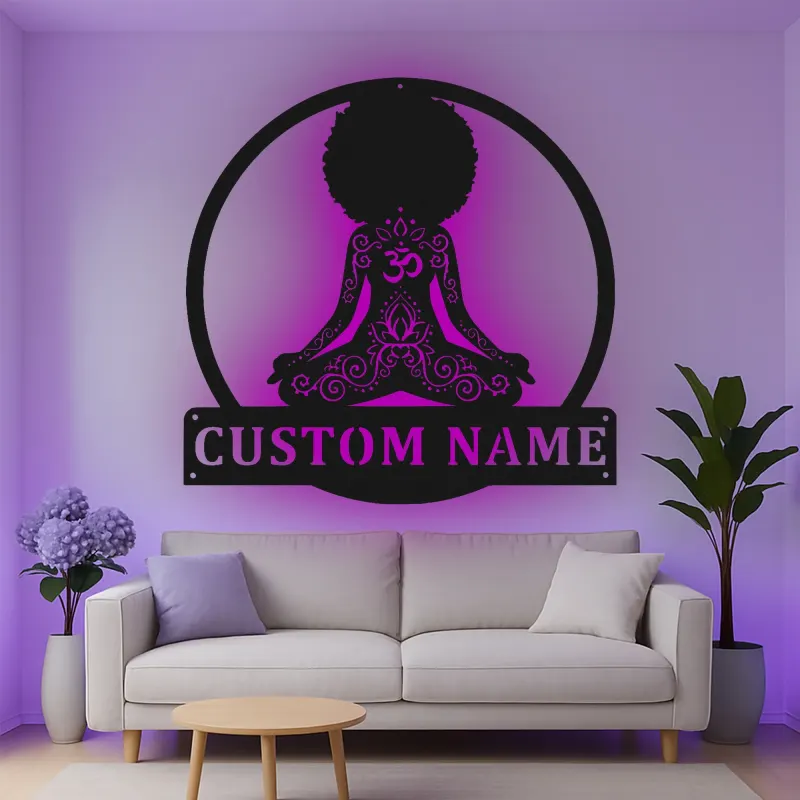 Custom Meditating Woman Led Light Metal Wall Art Yoga Lover Gift Zen Room or Meditation Space Decor